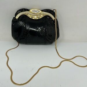 Vintage Black Snakeskin Rhinestone Accent Gold Frame Purse Bag